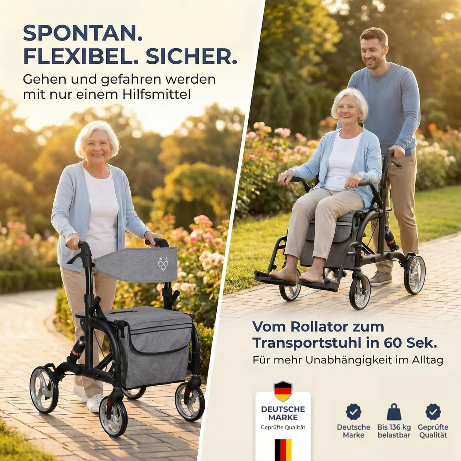 2 in 1 Rollator & Rollstuhl mit Federung
