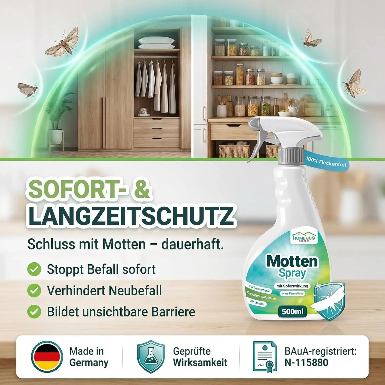 Motten Spray gegen Kleidermotten & mehr - 500ml Sprühflasche