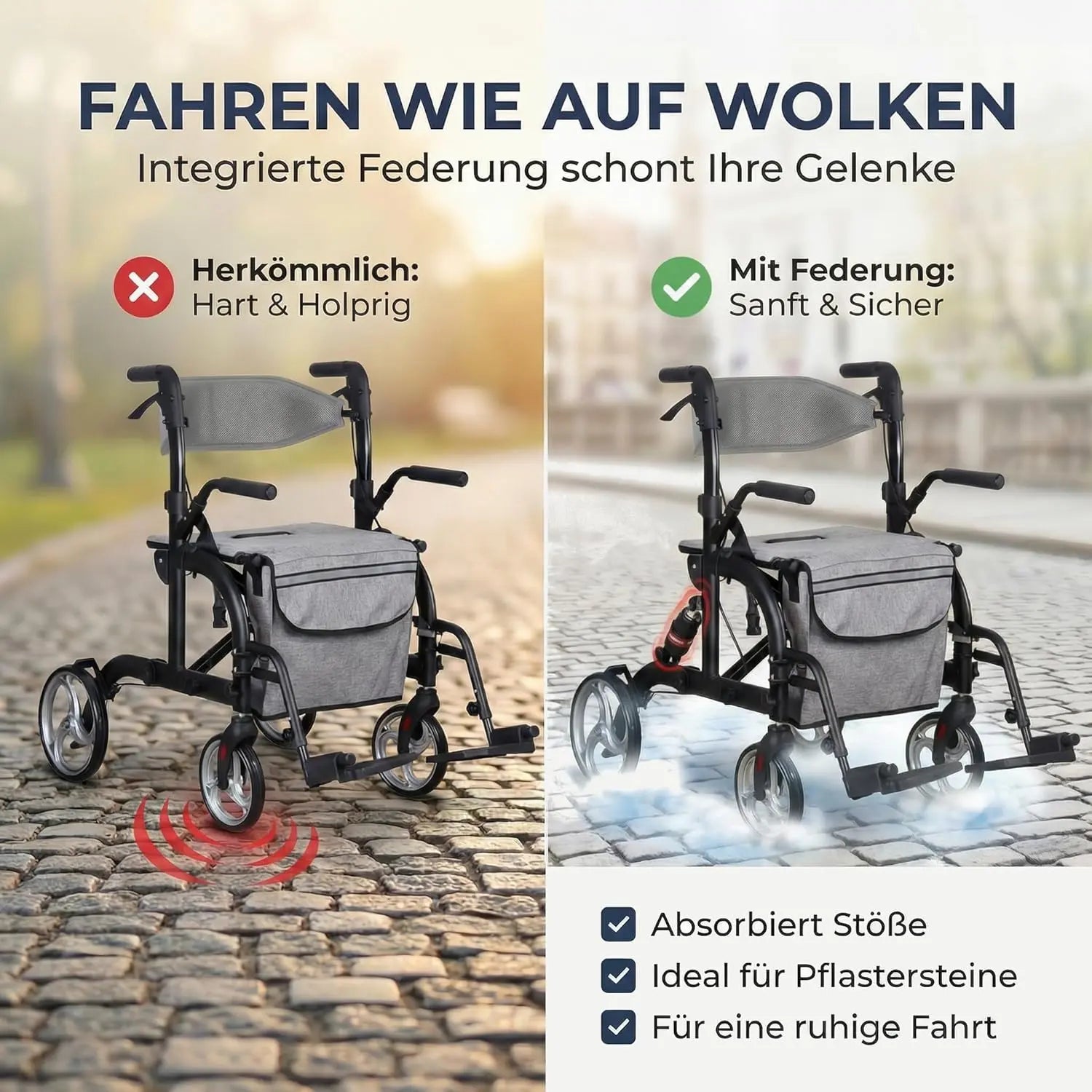 2 in 1 Rollator & Rollstuhl mit Federung