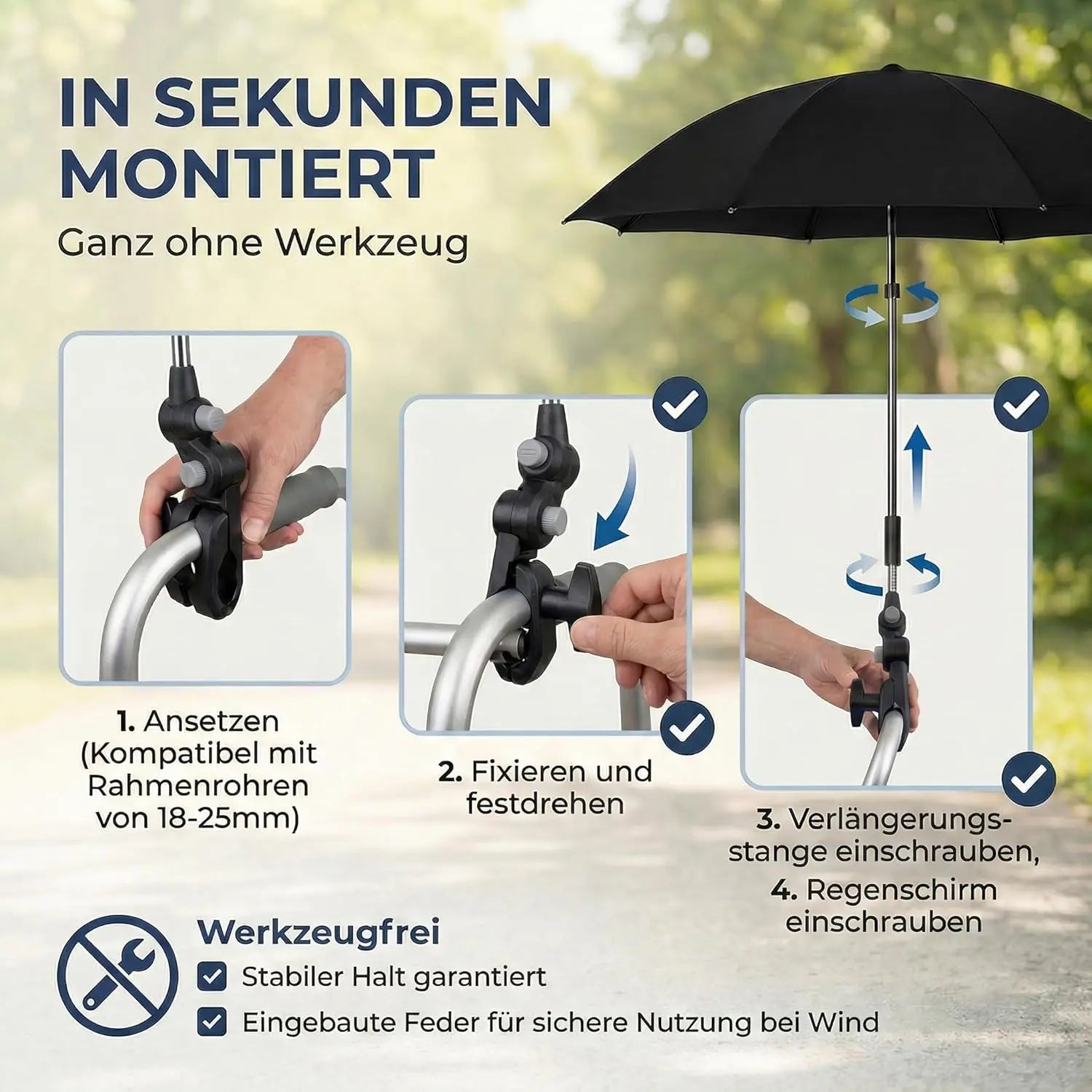 Regenschirmhalter für Rollator und Kinderwagen
