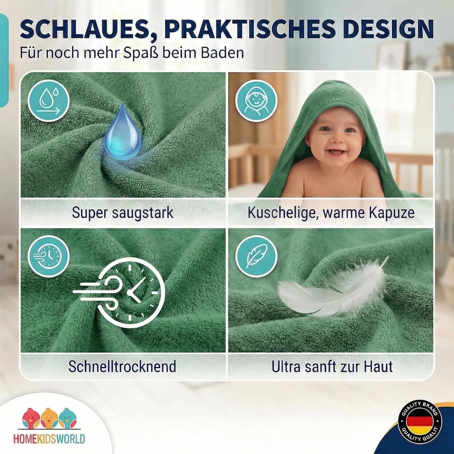 Kapuzenhandtuch Baby 100x100 cm Grün