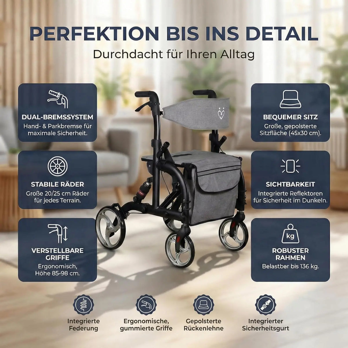 2 in 1 Rollator & Rollstuhl mit Federung