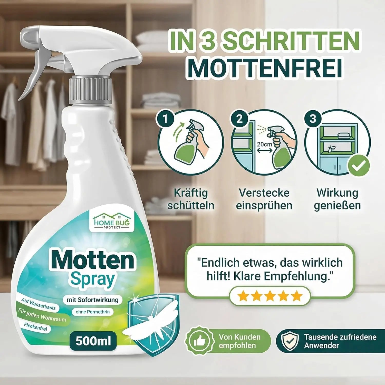 Motten Spray gegen Kleidermotten & mehr - 500ml Sprühflasche