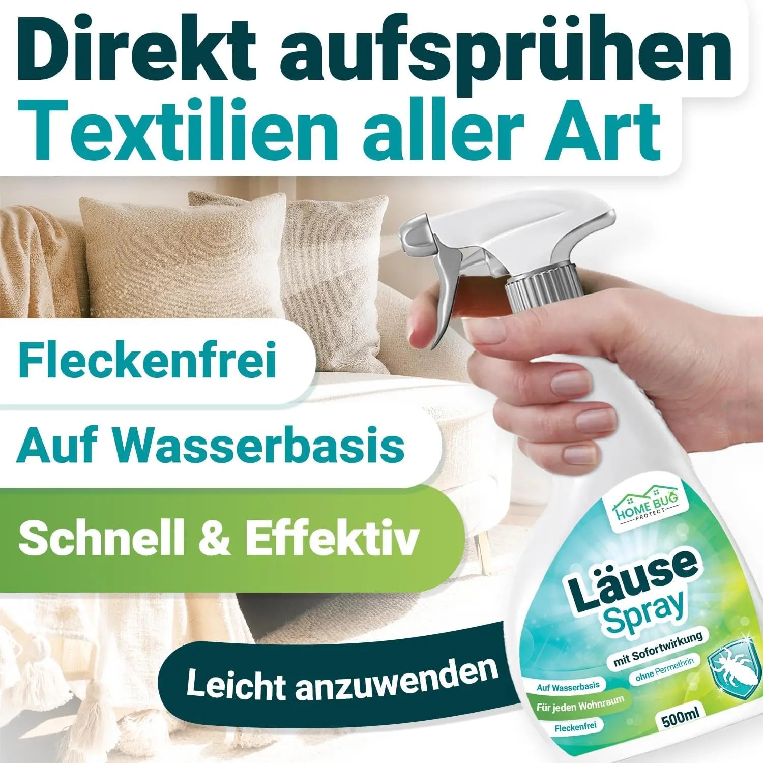 Läuse Abwehrspray 500ml – für Heimtextilien & Möbel HomeBugProtect