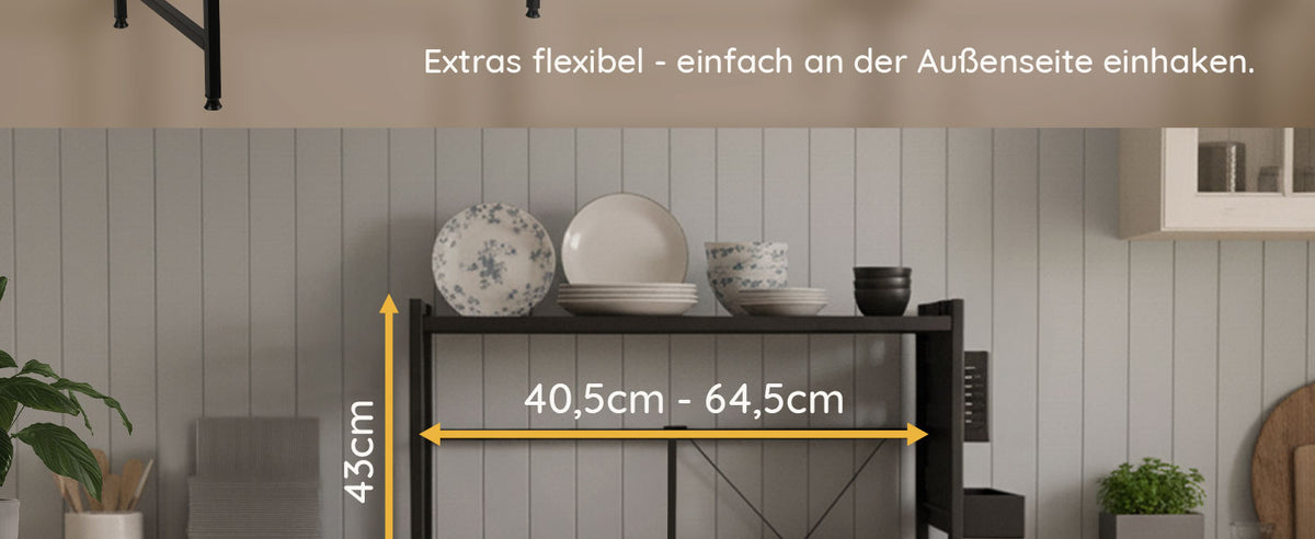 Regal mit Geschirr auf der Arbeitsplatte, dazu Maßpfeile zu Höhe und Breite
