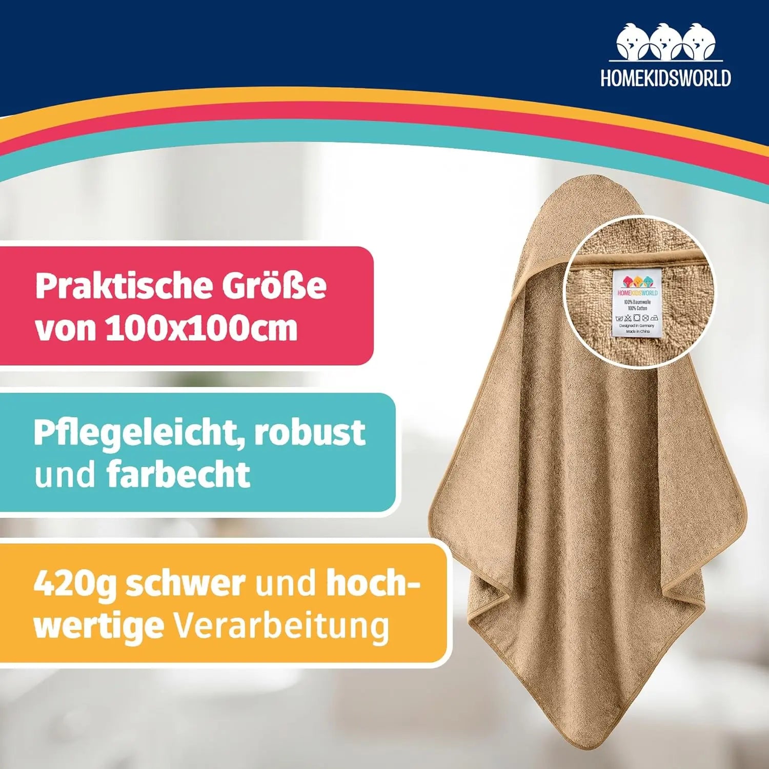 Kapuzenhandtuch Baby 100x100 cm Beige HomeKidsWorld