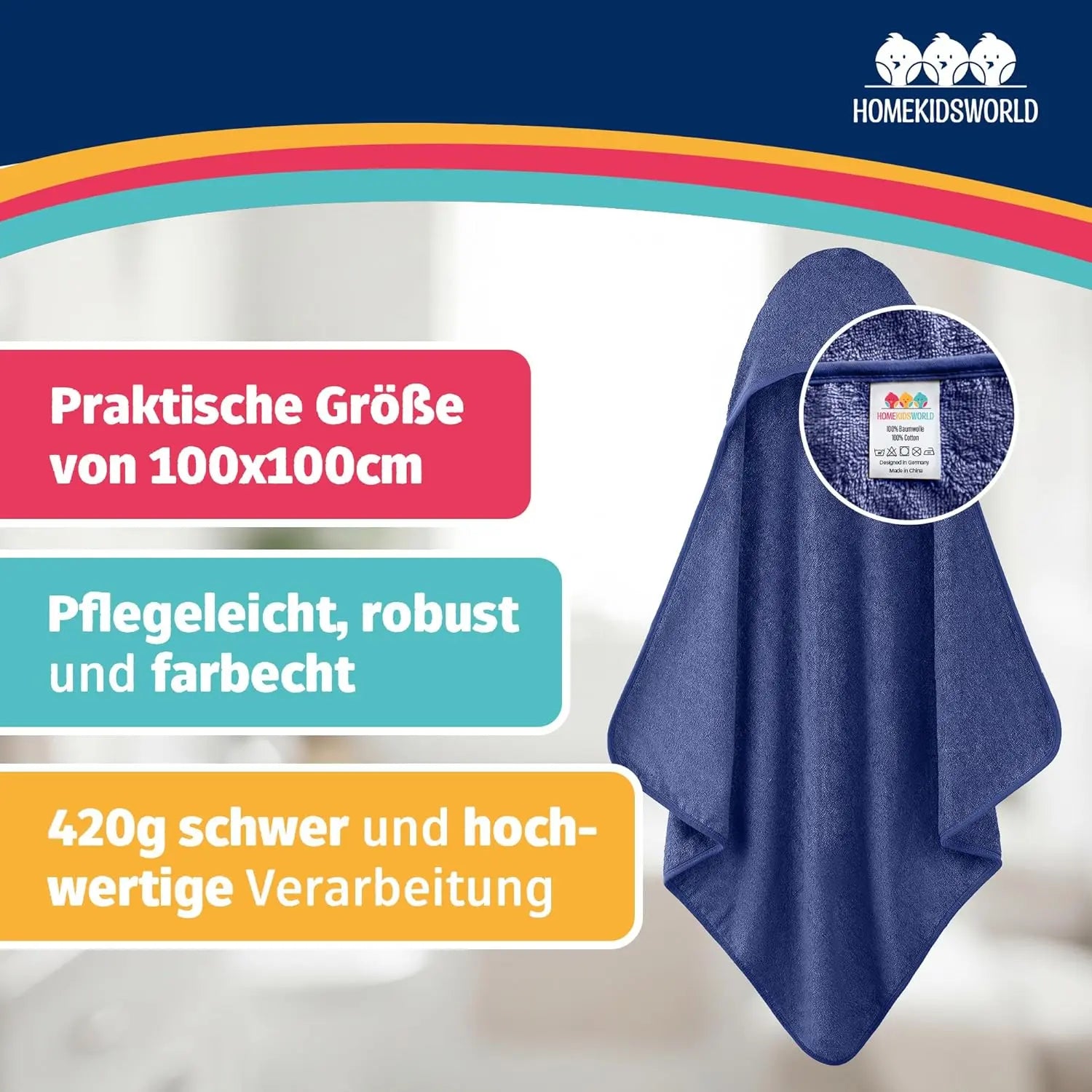 Kapuzenhandtuch Baby 100x100 cm Blau HomeKidsWorld