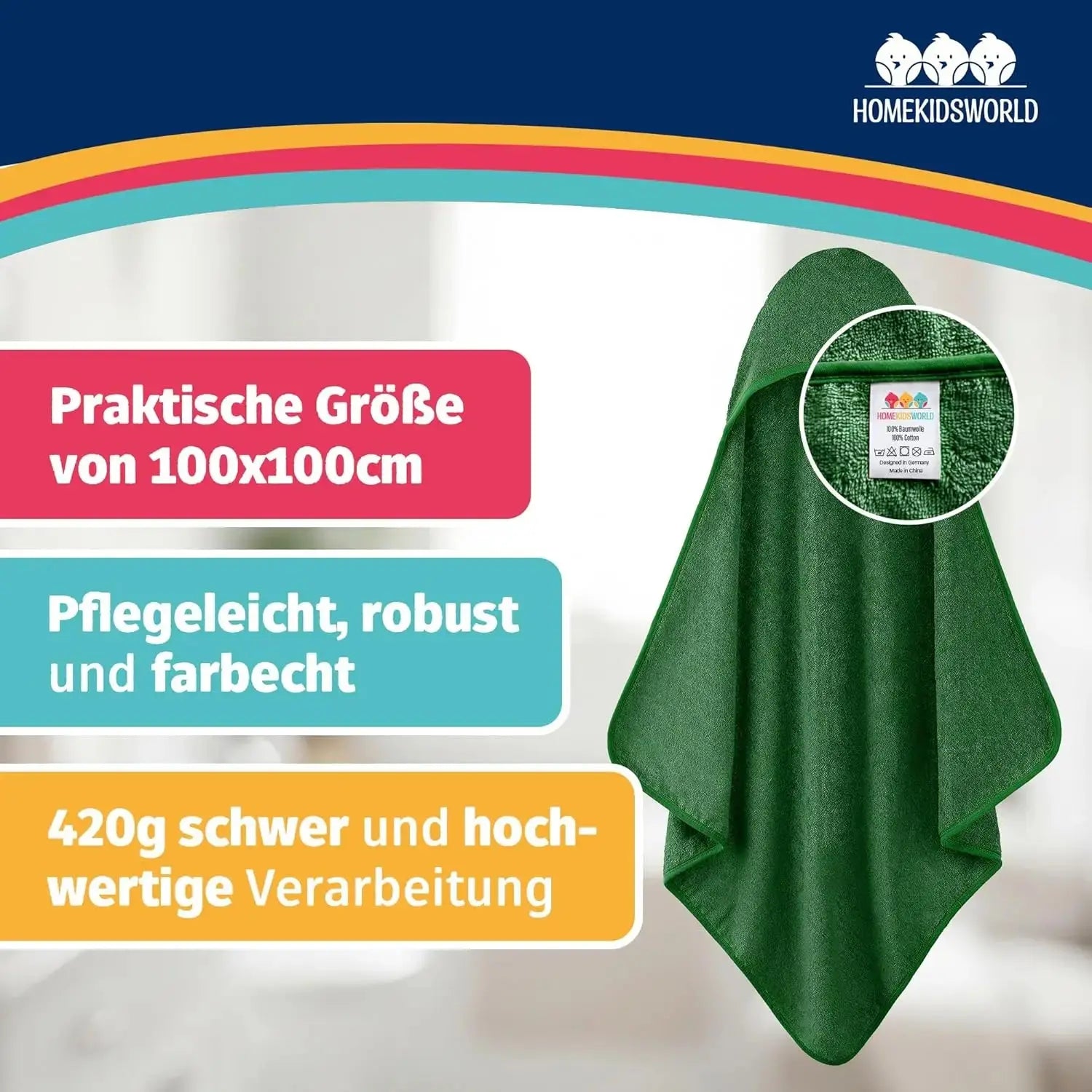 Kapuzenhandtuch Baby 100x100 cm Grün HomeKidsWorld