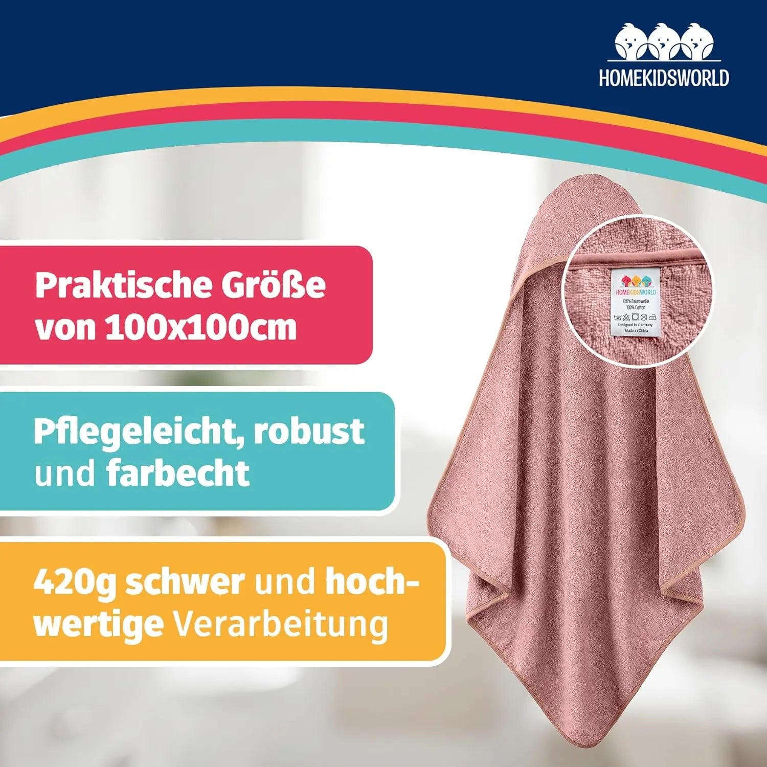 Kapuzenhandtuch Baby 100x100 cm Rosa HomeKidsWorld