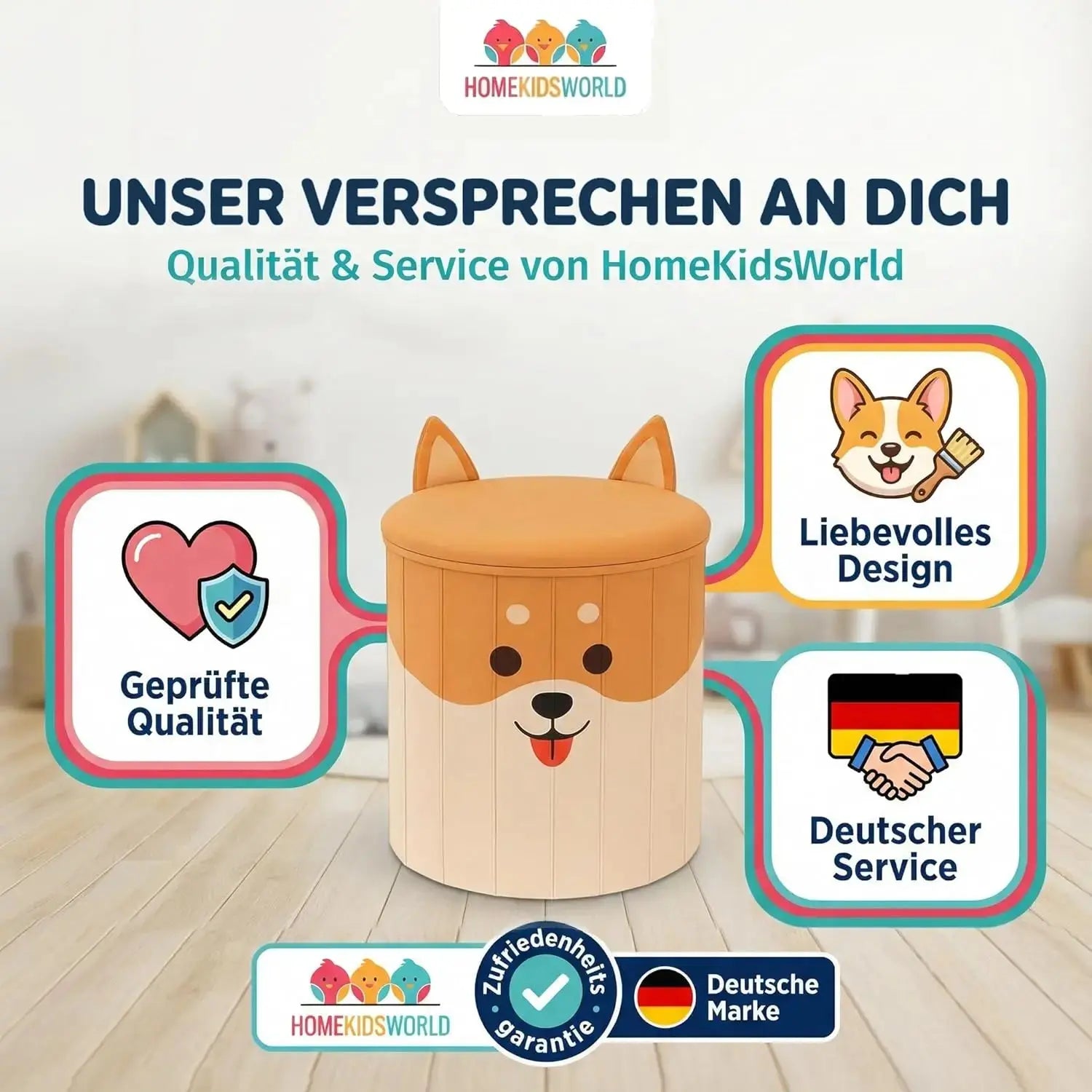 Kinderhocker Corgi mit Stauraum und Deckel HomeKidsWorld