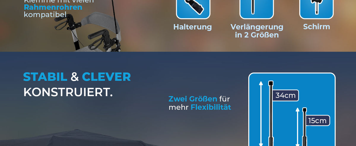 Halterung am Griff eines Rollators und Grafik der zwei Verlängerungsstangen in unterschiedlicher Länge