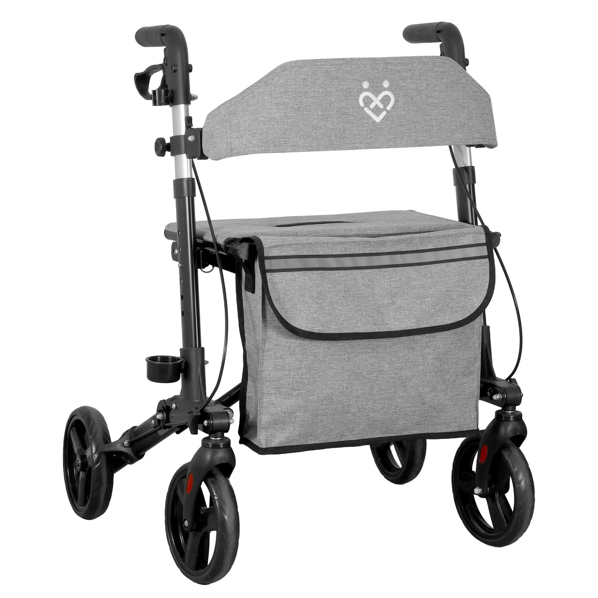 Rollator 3-fach faltbar mit grauer Tasche, Rückenlehne und vier Rädern