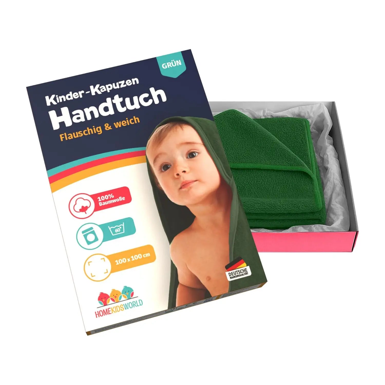Kapuzenhandtuch Baby 100x100 cm Grün HomeKidsWorld