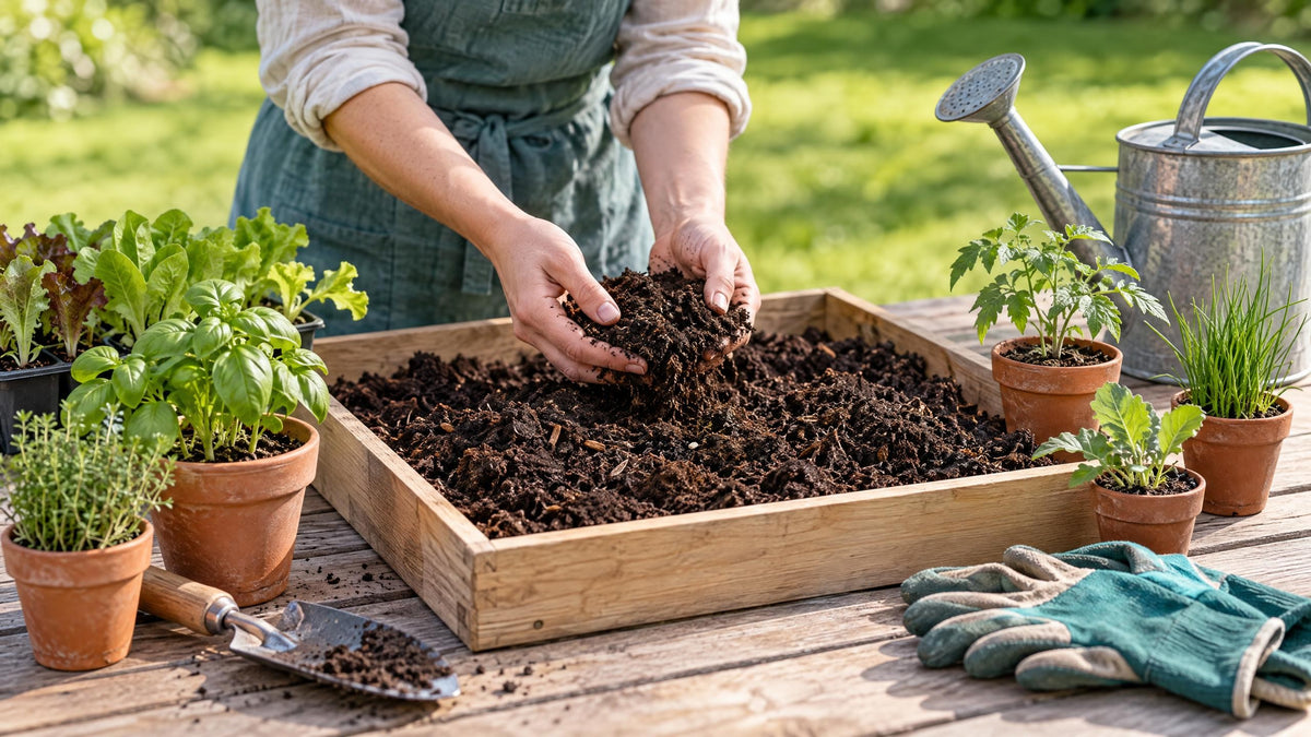 Gartenerde, junge Setzlinge und eine Gießkanne auf einem Gartentisch