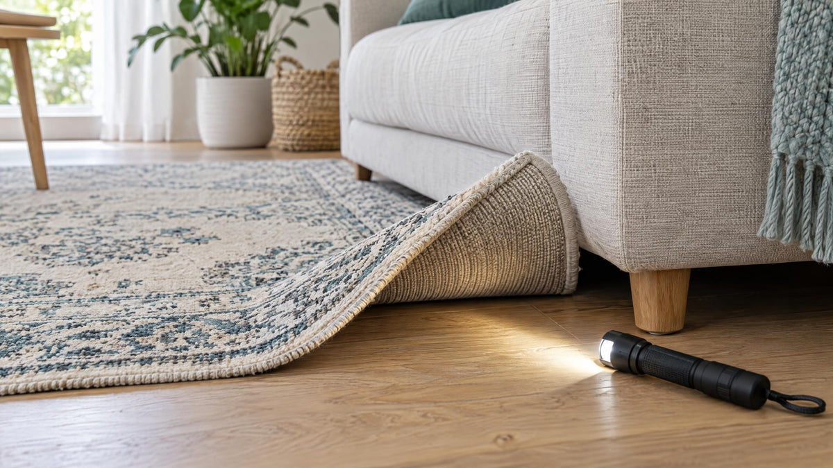 Umgeschlagene Teppichkante unter einem hellen Sofa, daneben eine Taschenlampe
