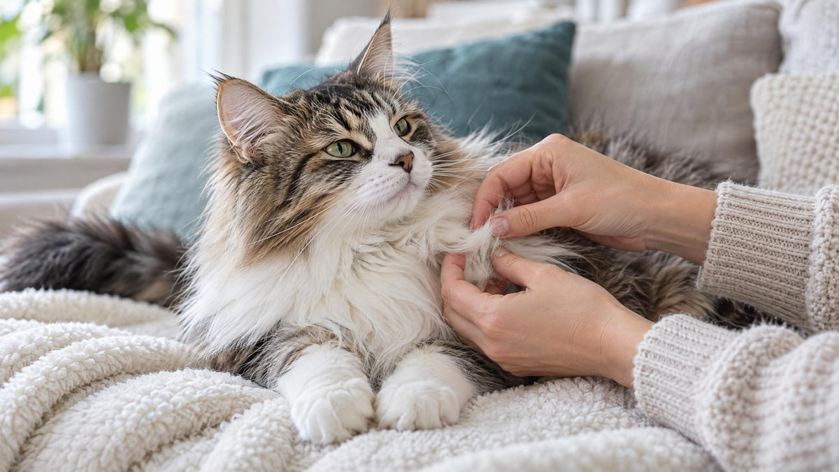 Finger lockern behutsam einen kleinen Knoten im langen Brustfell einer entspannten Katze