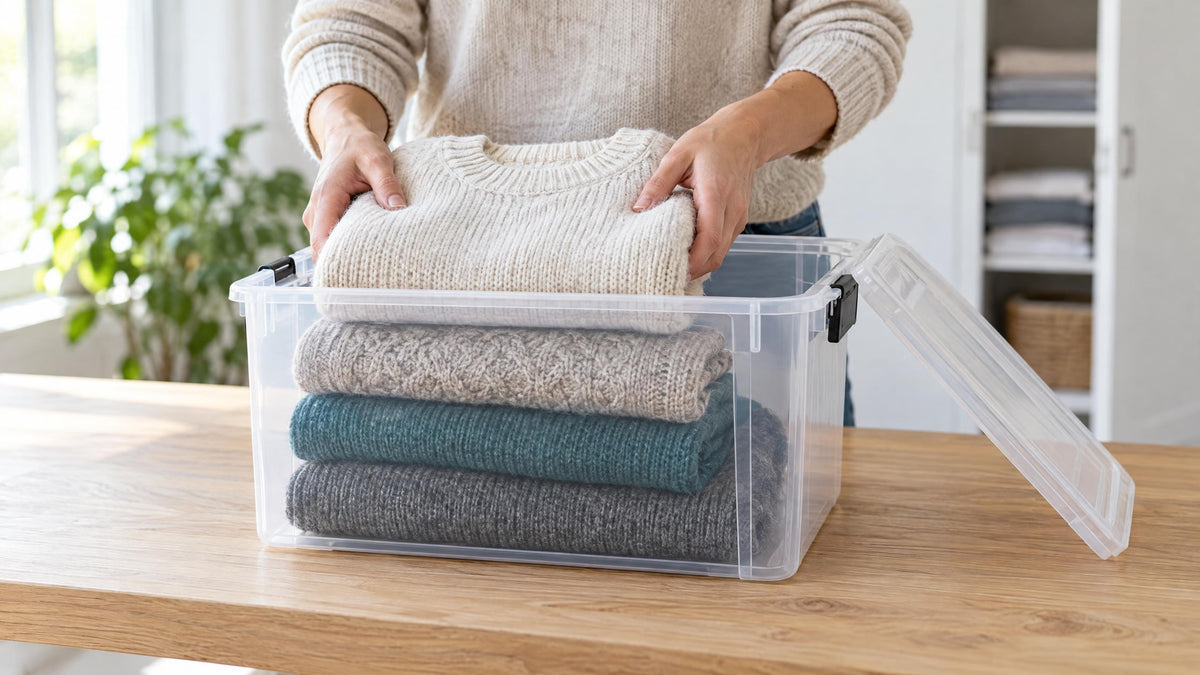Hände legen gewaschene Wollpullover in eine verschließbare Aufbewahrungsbox