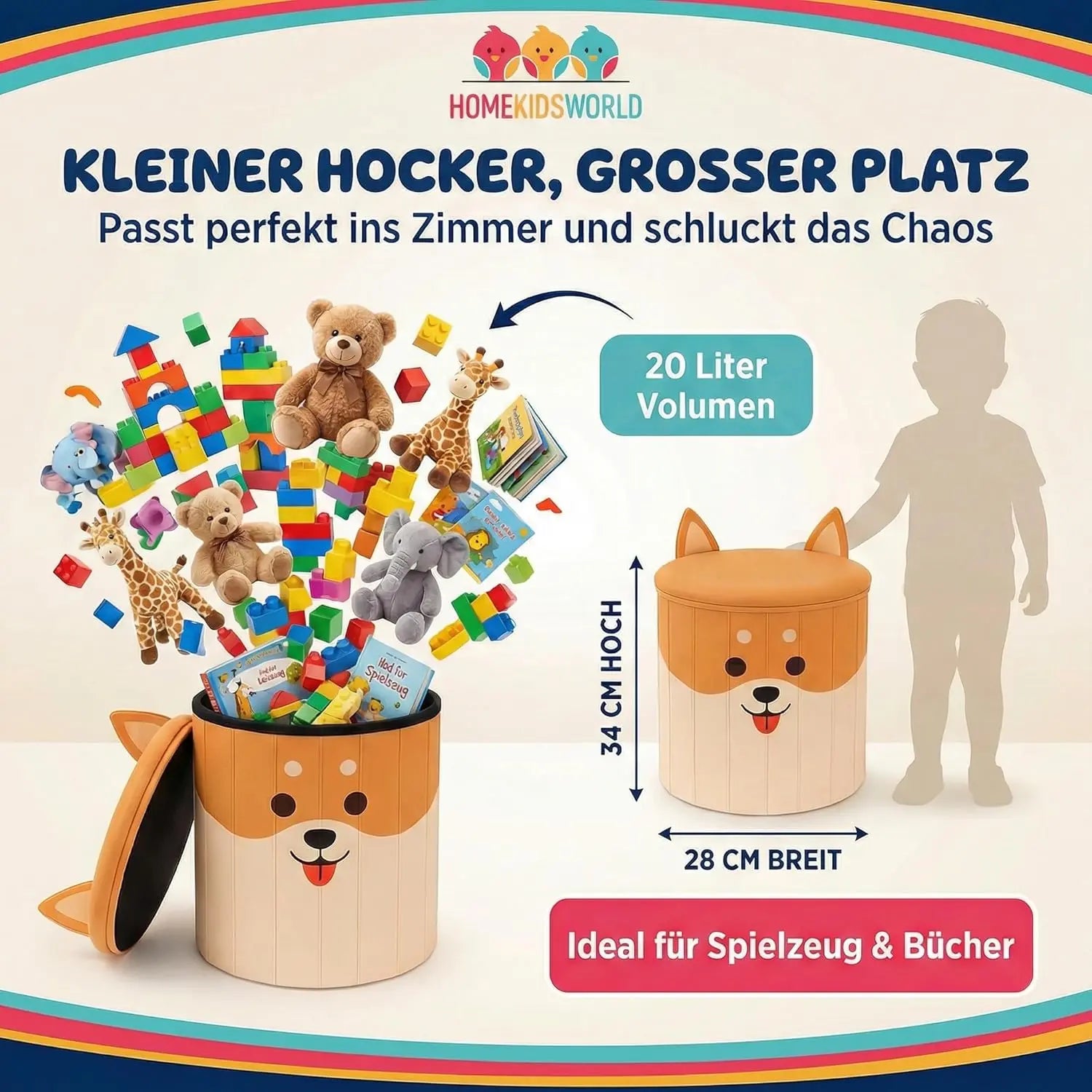 Kinderhocker Corgi mit Stauraum und Deckel