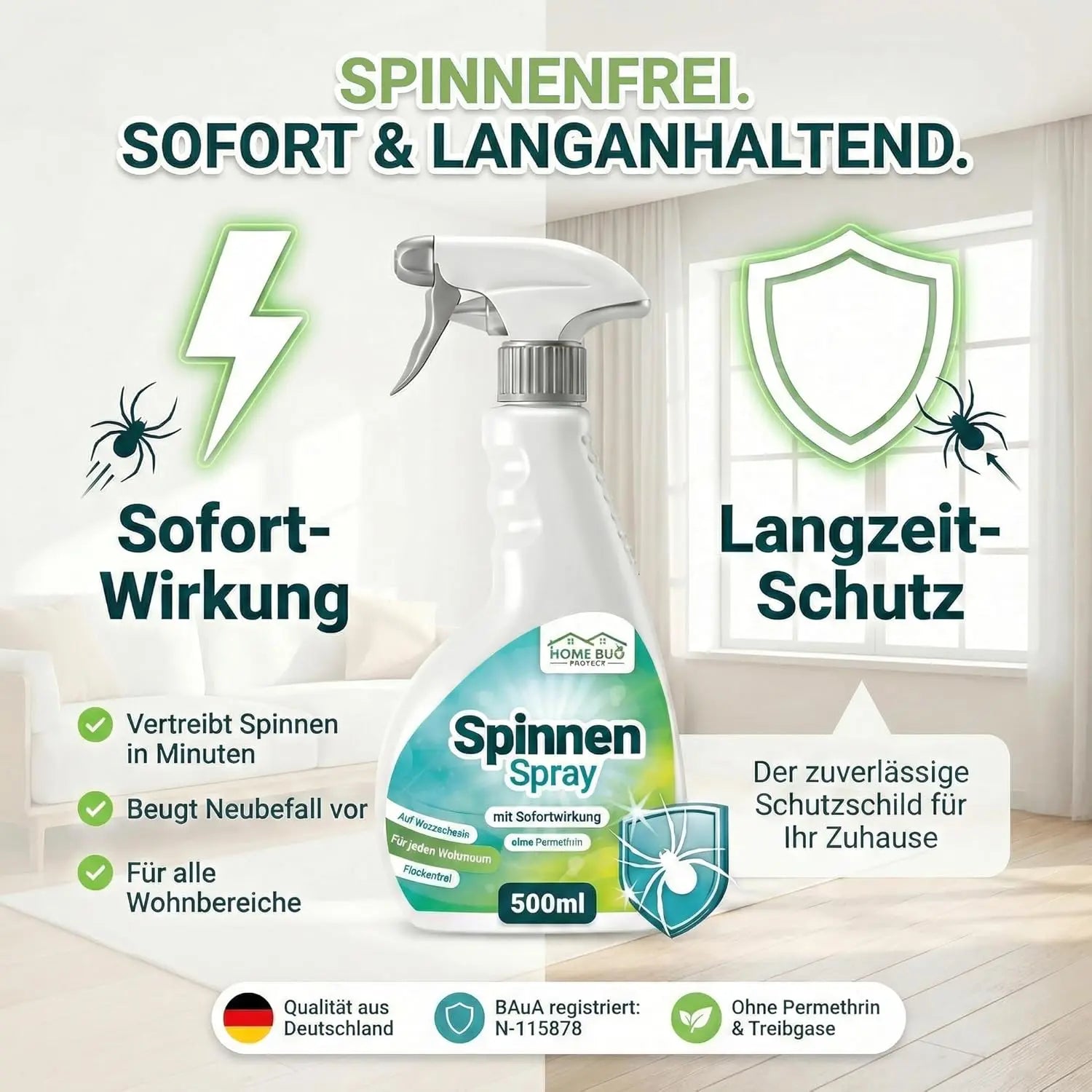 Spinnen Spray für Wohnung, Balkon & Garten - 500ml Sprühflasche