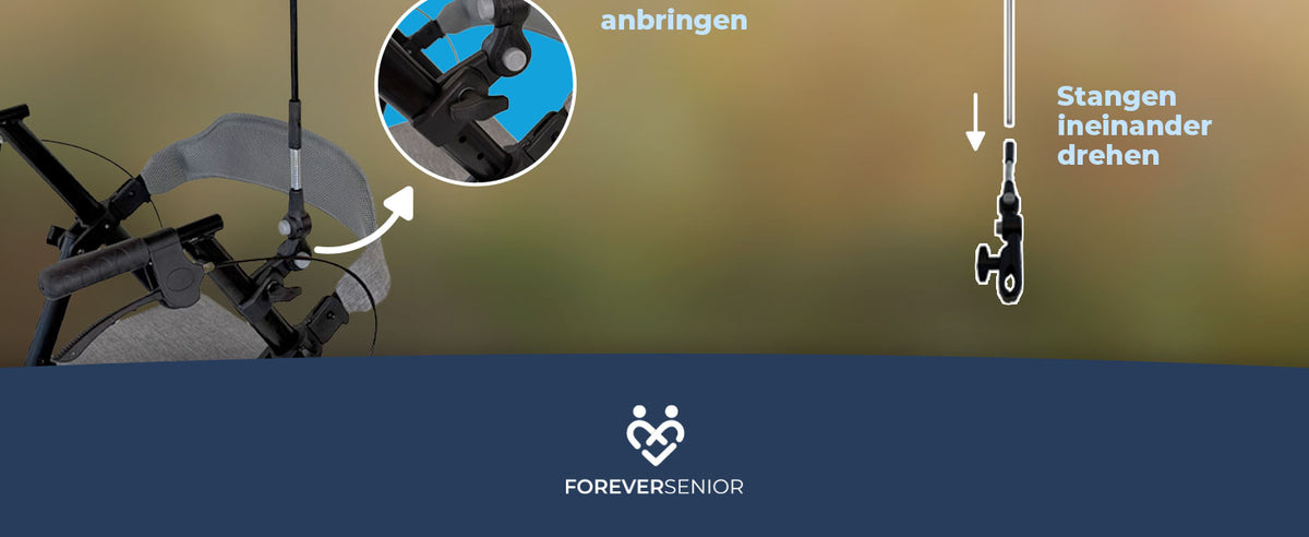 Montagegrafik: Halterung am Rollator anbringen und Stangen ineinander drehen, darunter das Logo von ForeverSenior