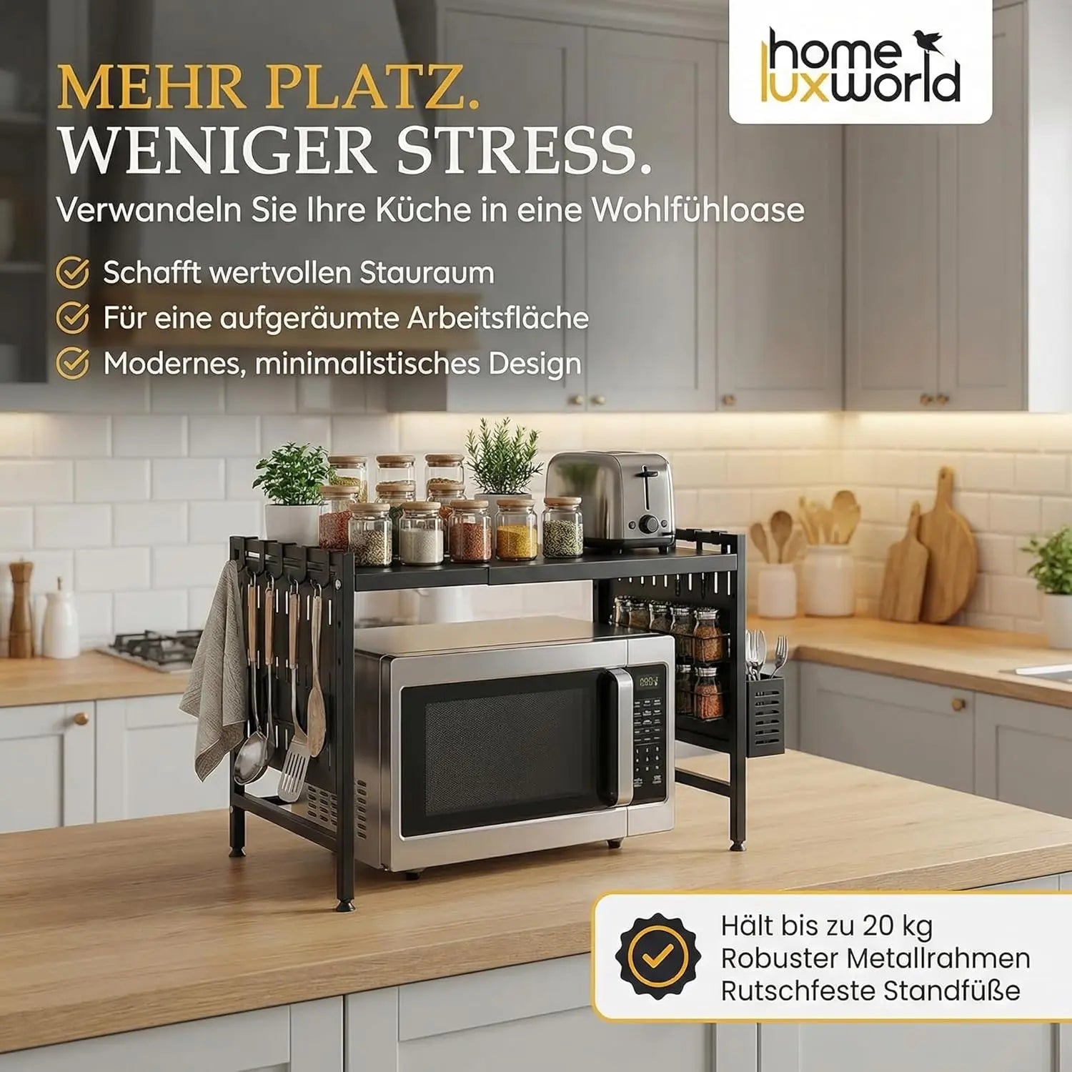 Mikrowellenregal mit Add Ons für mehr Stauraum