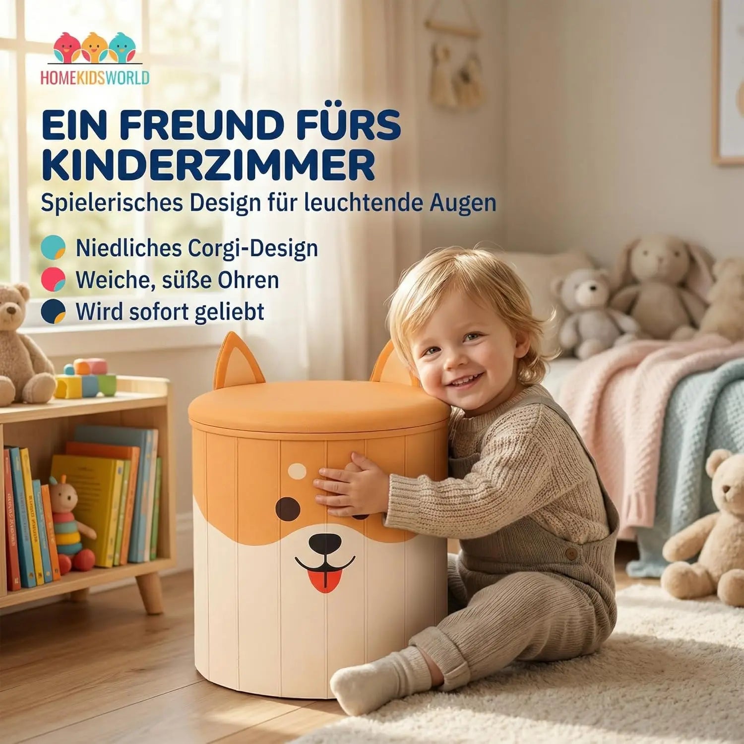 Kinderhocker Corgi mit Stauraum und Deckel