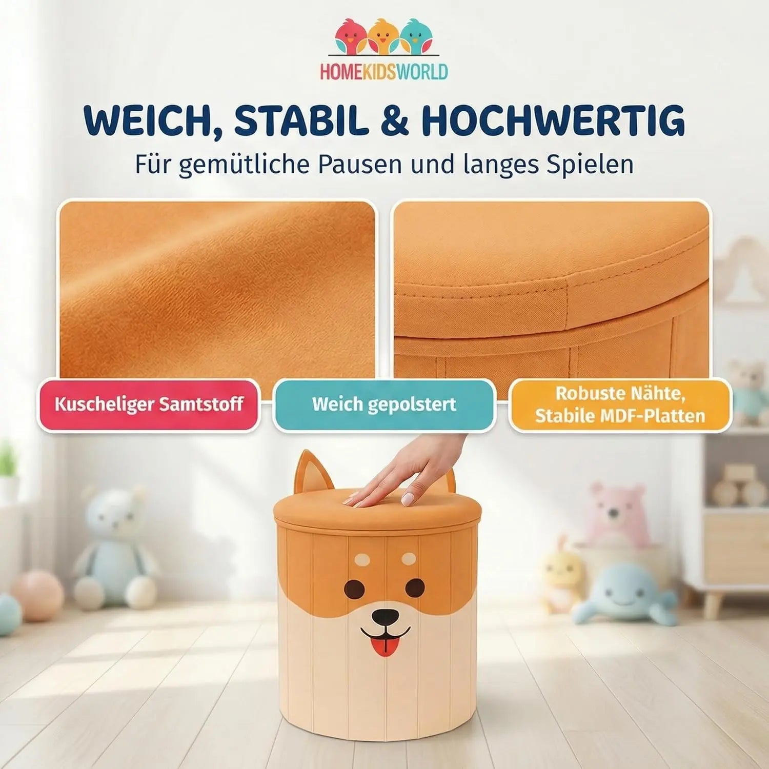 Kinderhocker Corgi mit Stauraum und Deckel