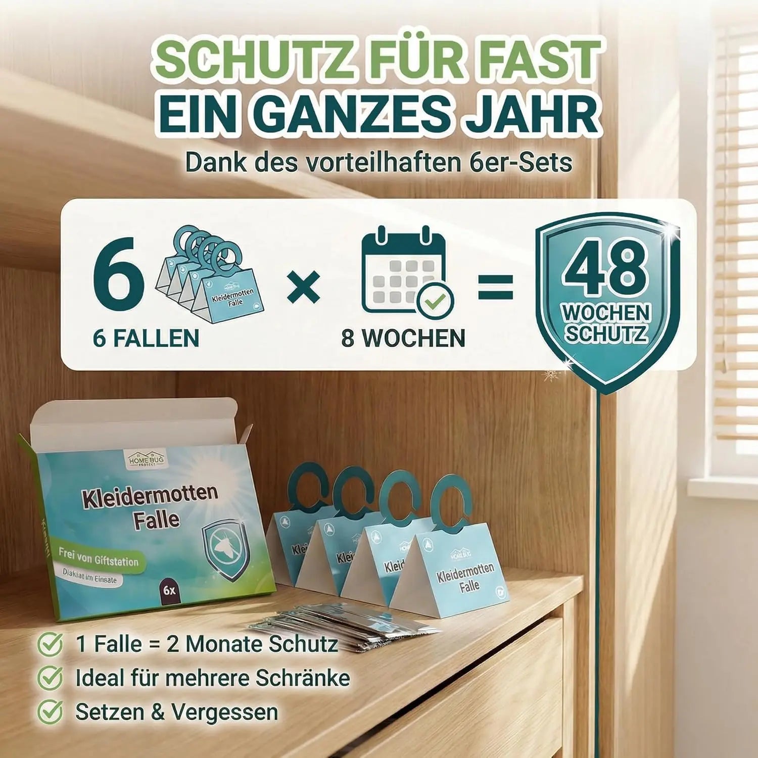 Kleidermottenfalle [6 Stück] - 100% giftfreie Starke Monitoring-Klebefalle - effektiver Mottenschutz für Kleiderschrank- Mottenfalle gegen Motten