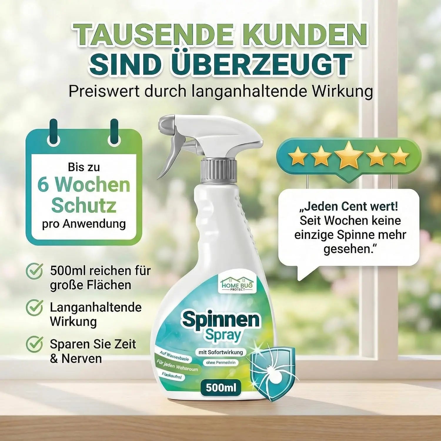 Spinnen Spray für Wohnung, Balkon & Garten - 500ml Sprühflasche