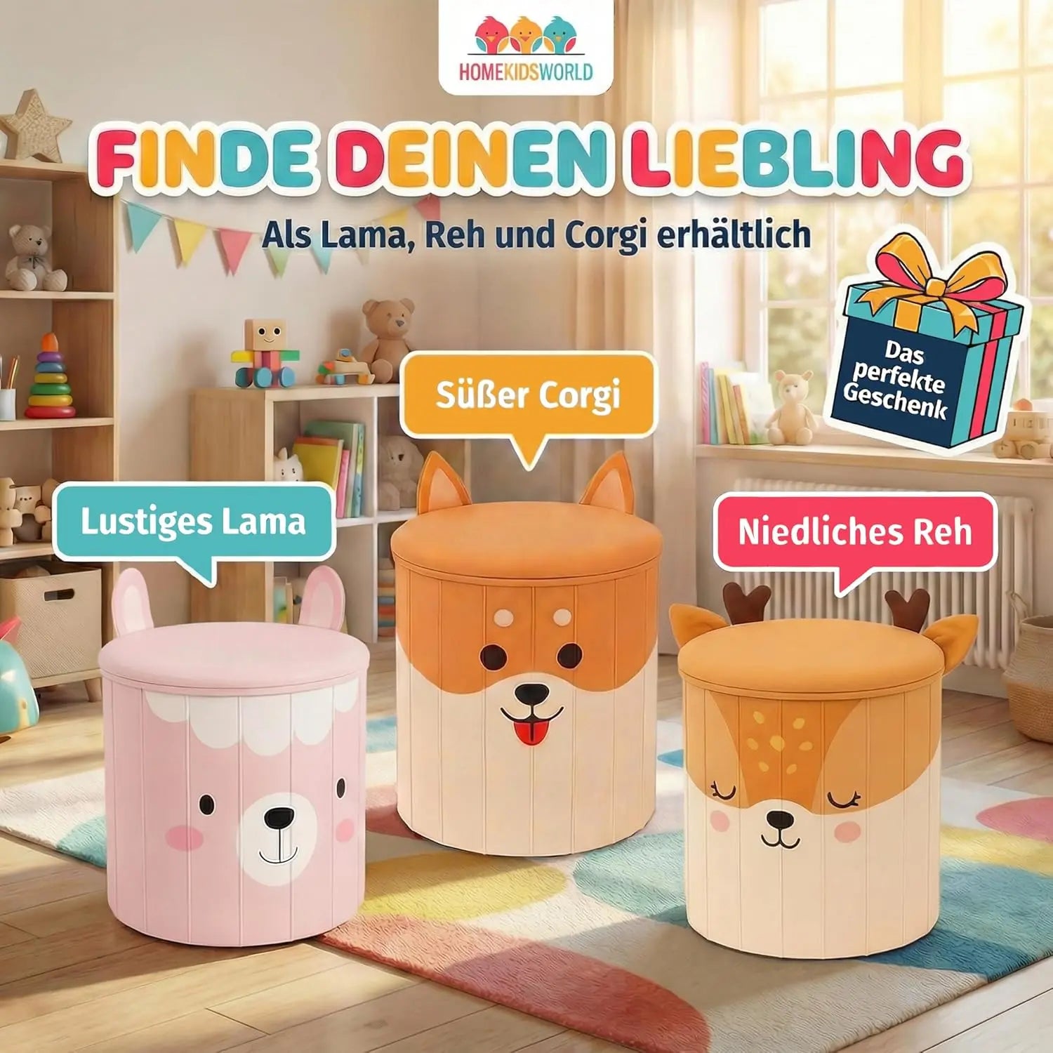 Kinderhocker Lama mit Stauraum und Deckel