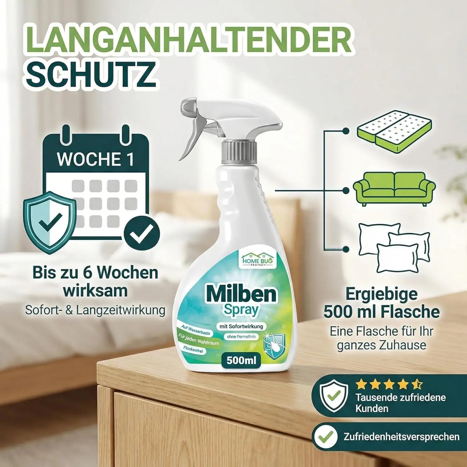 Milben Spray für Matratzen & Textilien - 500ml Sprühflasche