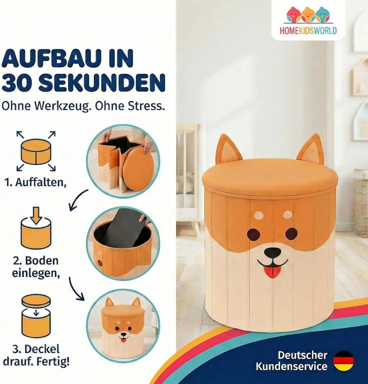Kinderhocker Corgi mit Stauraum und Deckel HomeKidsWorld