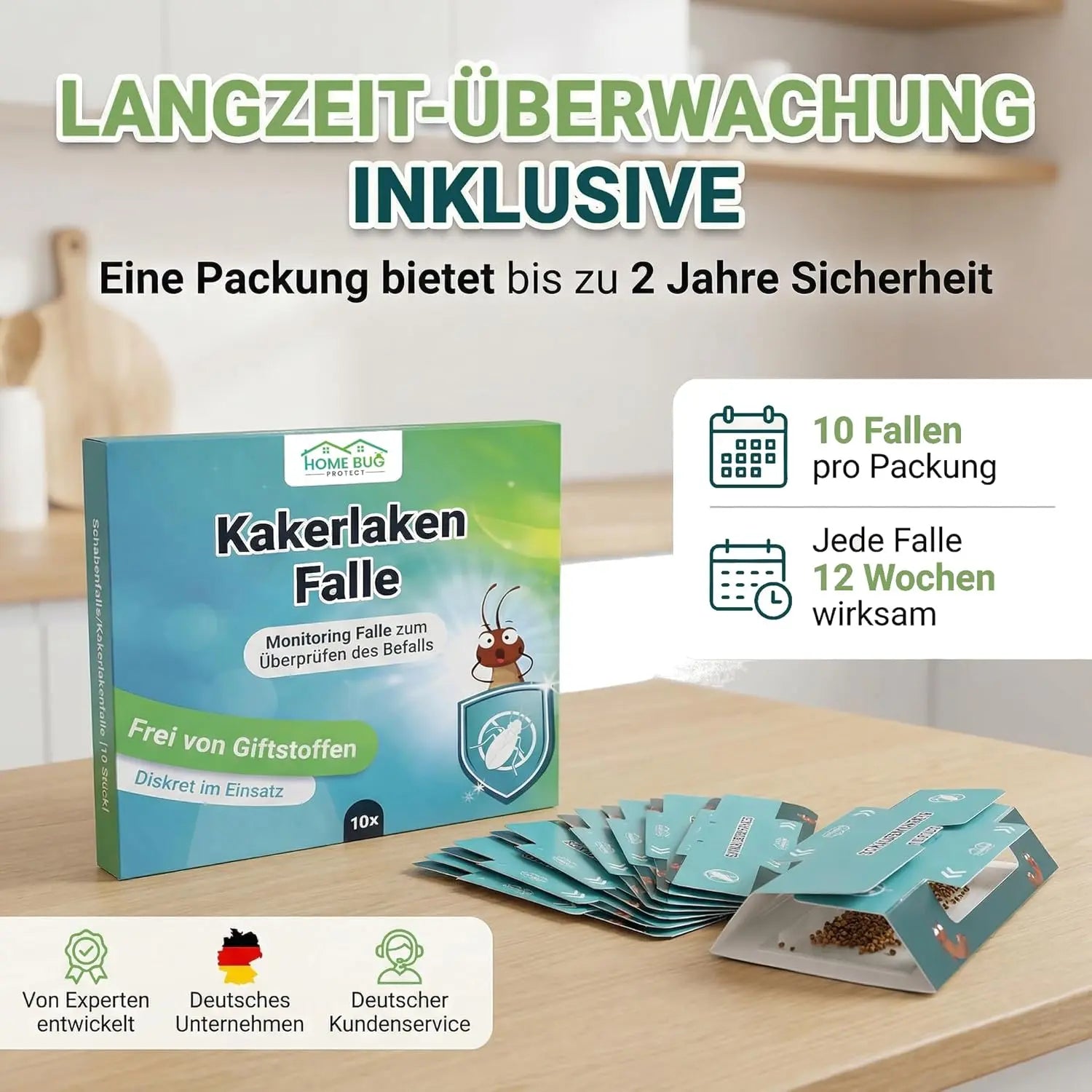 Schabenfalle/Kakerlakenfalle [10 Stück] - 100% giftfreie Starke Monitoring-Klebefalle - Kakerlakenfalle zur Befallsermittlung von Küchen-Schaben & Kakerlaken in der Wohnung