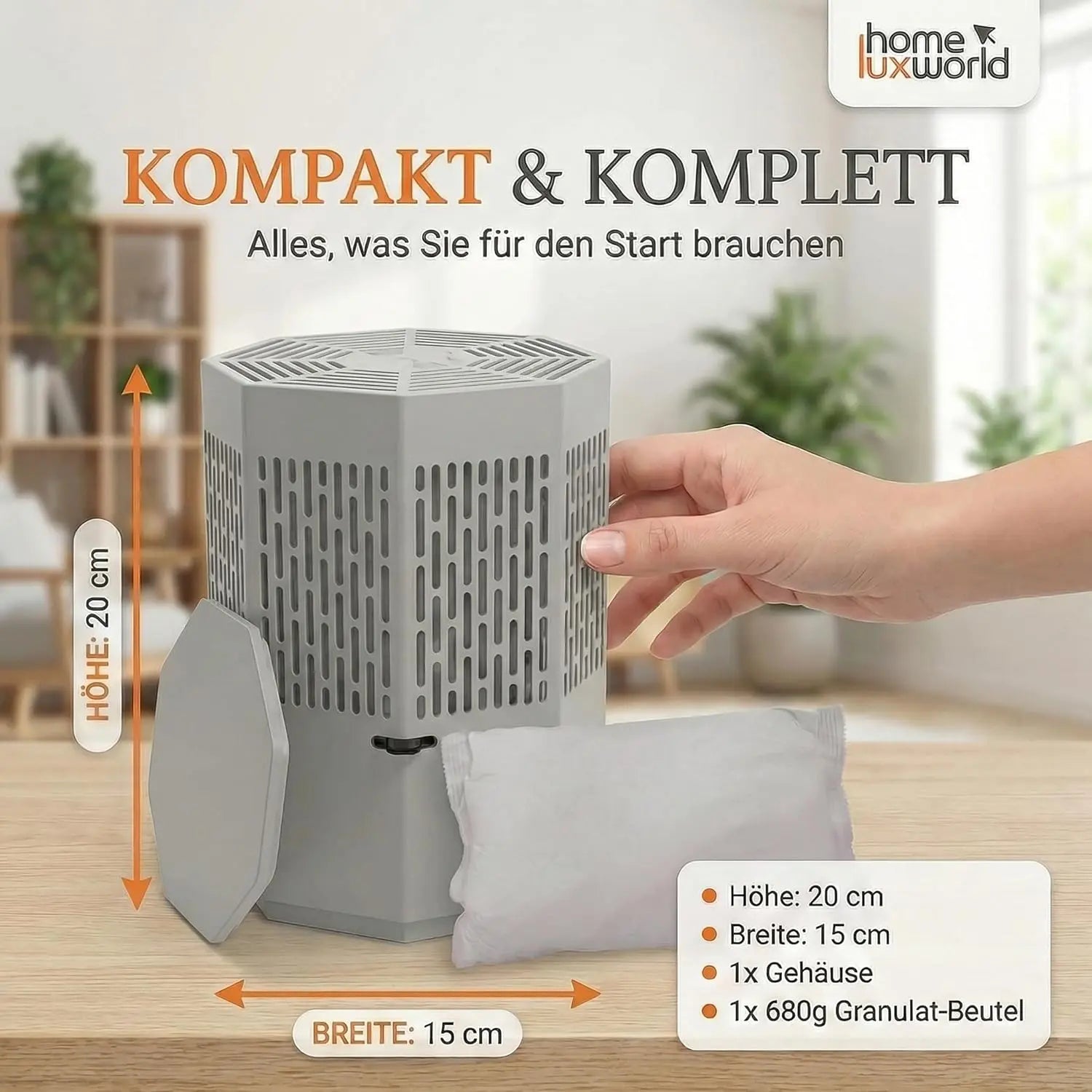 Luftentfeuchter ohne Strom Hellgrau inkl. 680 g Nachfüllpack