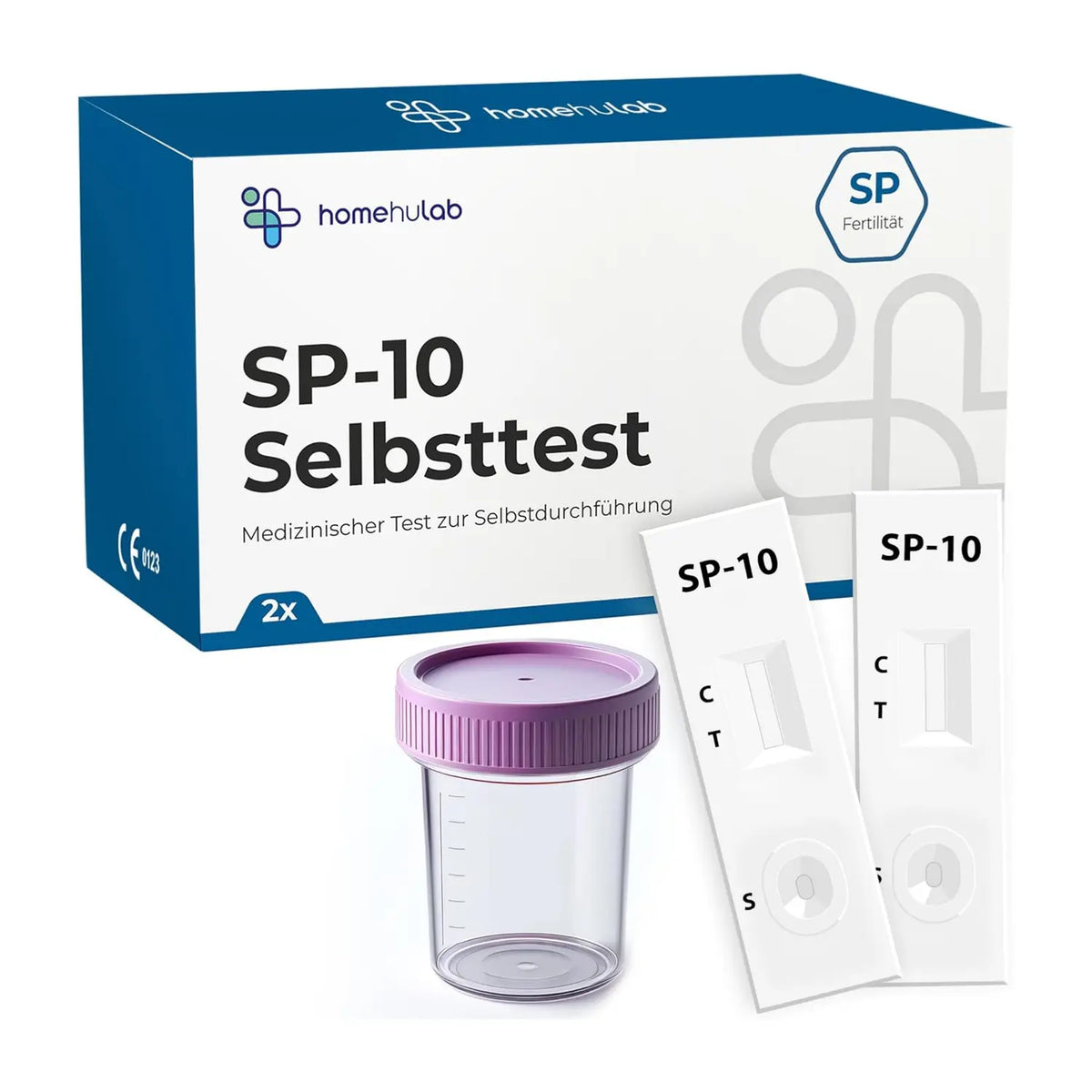 Verpackung des Spermatests mit Probenbecher und zwei Testkassetten