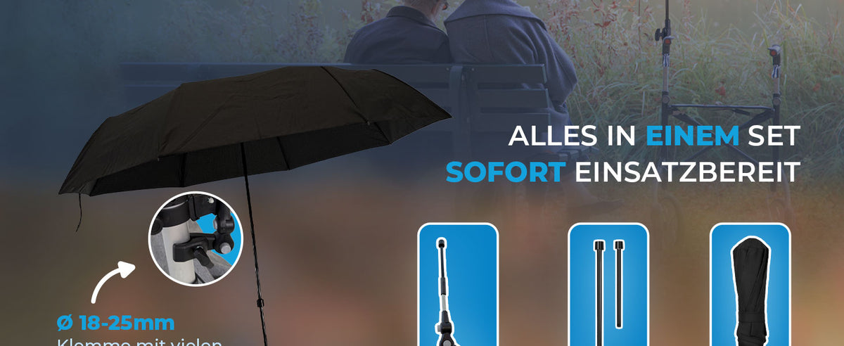 Älteres Paar auf einer Parkbank neben einem Rollator mit Schirmhalter, vorn ein Schirm mit Klemme und drei Teilebilder