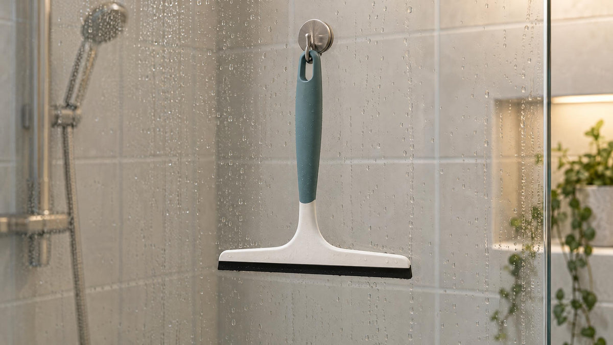 Duschabzieher an einer Glaswand mit Wassertropfen