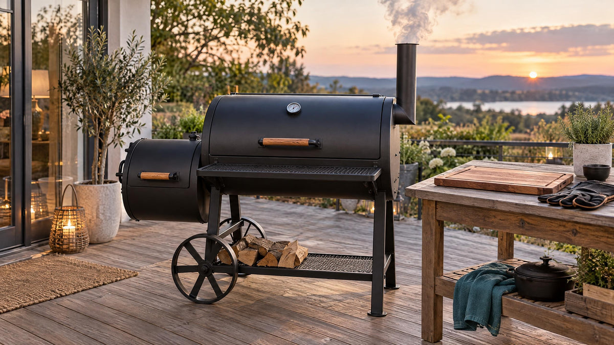 Smoker auf einer Holzterrasse am Abend, daneben ein Schneidebrett und Grillhandschuhe