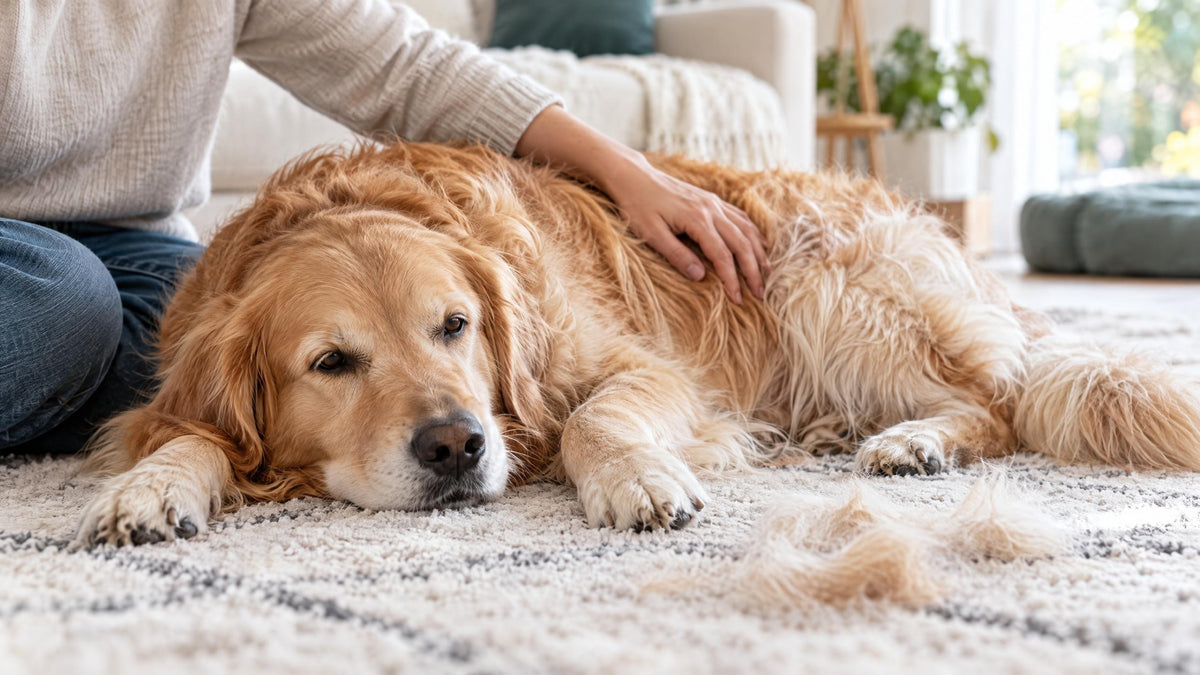 Hand im dichten Fell eines ruhig liegenden Hundes