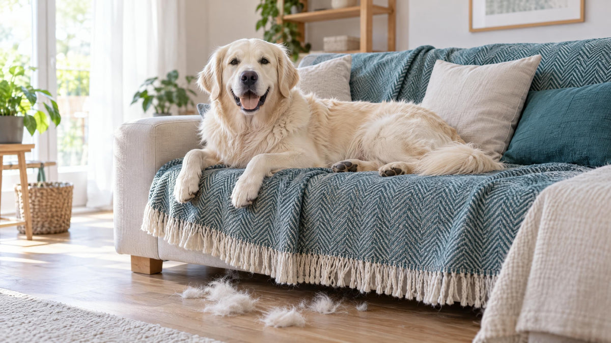 Entspannter Hund auf einer waschbaren Decke, davor ein paar Büschel Unterwolle