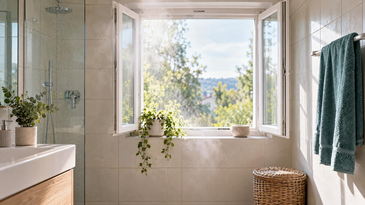 Weit geöffnetes Badfenster nach dem Duschen