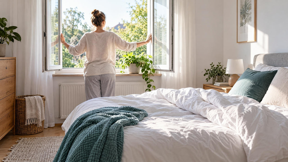 Schlafzimmer am Morgen mit weit geöffnetem Fenster und zurückgeschlagener Bettdecke