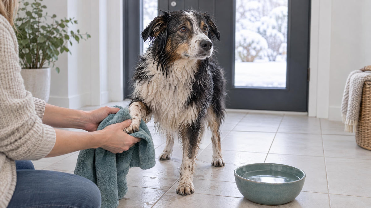 Hände trocknen nach dem Spaziergang die Pfote eines nassen Hundes, daneben eine Schüssel Wasser