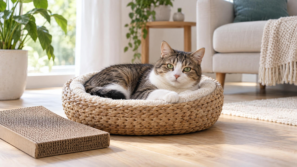 Ältere Katze liegt entspannt in einem niedrigen Körbchen neben einem flachen Kratzbrett