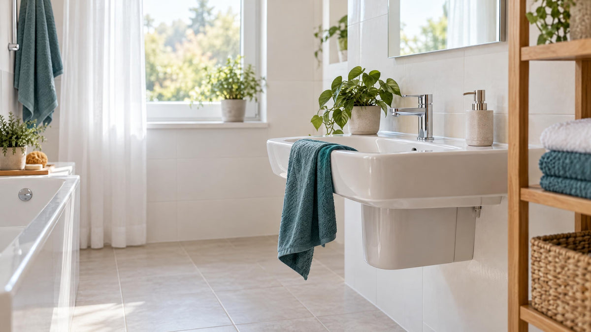 Helles, aufgeräumtes Bad mit Fenster und Waschbecken